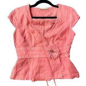 Vintage y2k wrap babydoll v neck linen shirt with floral sequins size small